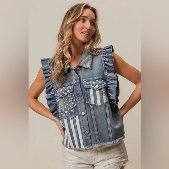B15. NEW Bibi Denim Vest American Flag W/Ruffle Sleeves Stars & Stripes Graphic - Picture 8 of 8